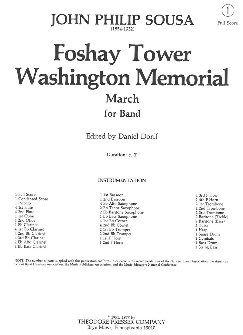 吹奏楽 譜面セット FOSHAY TOWER WASHINGTON MEMORIAL フォシェイ・タワー・ワシントン・メモリアル フルスコアのみ [SHT-CBD-115041]